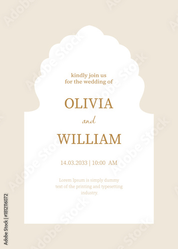Indian wedding invitation with elegant Mughal-inspired arch and refined beige palette. Ornamental decorative frame suitable for festive cultural events and luxury-themed compositions