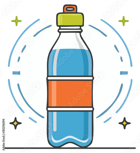 Refreshing Blue Water Bottle with Orange Label and Sparkle Accents