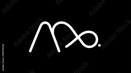 Minimalist white continuous line art abstract graphic design with flowing loop and dot on a solid black background.