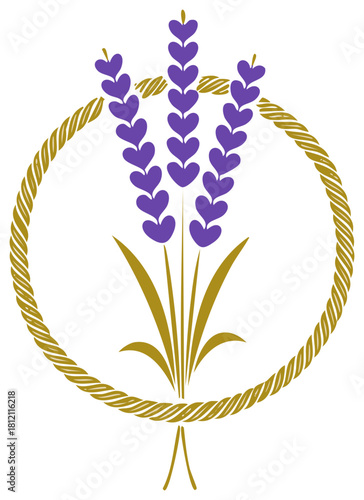 Stylized Lavender floral sprigs inside rope circle, botanical art