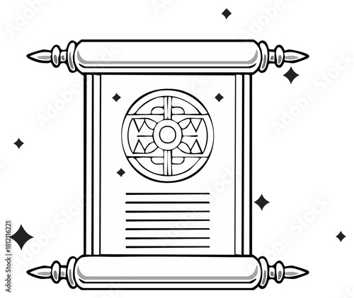 Ancient magic scroll with a mystical symbol line art illustration