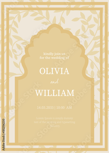 Indian style wedding invite with an ornate Mughal arch, warm golden palette and botanical accents. Elegant layout inspired by cultural aesthetics and refined festive elements