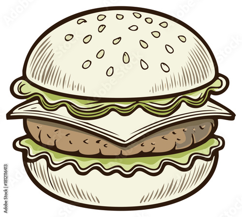 Delicious stacked burger with sesame bun, fresh lettuce, cheese slice and meat patty