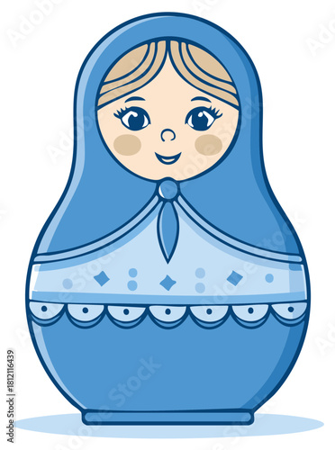Cartoon Illustration of a Blue Matryoshka Doll with Blond Hair and Traditional Design