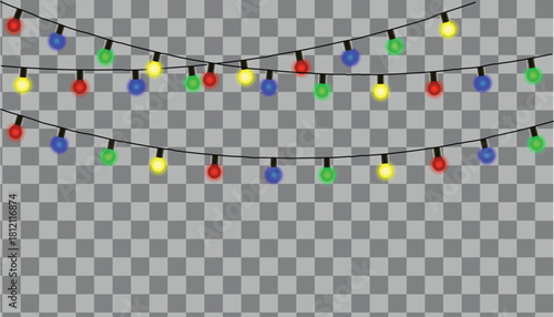 Festive christmas lights string decoration with colorful bulbs on a transparent background for holiday designs