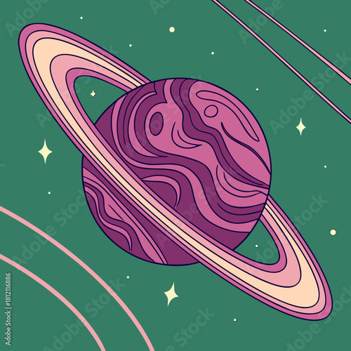 Groovy Space Psychedelic Saturn Planet Vector Illustration: Retro 70s Cosmic Art with Swirling Pink and Purple Gas Giant Rings on a Dark Green Background.