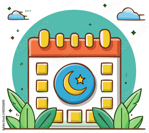 Vibrant illustrated calendar displaying a crescent moon and star symbol for a holy Islamic date