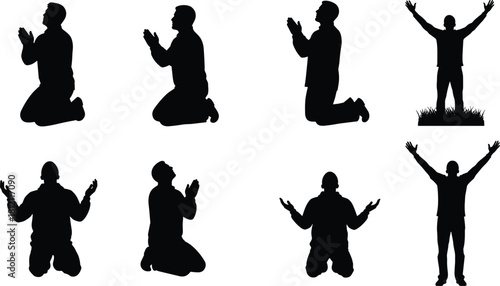 Spiritual silhouette figures, praying poses, worship gestures, kneeling devotion, religious meditation, emotional connection, faith expression, sacred moment