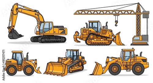 Dynamic set of powerful yellow construction vehicles and heavy machinery, showcasing excavators, bulldozers, loaders, and a towering crane, perfect for industrial design and building projects