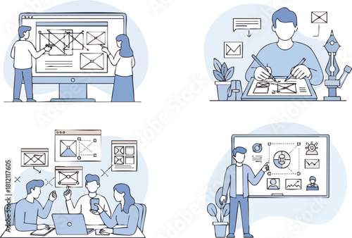 Set of illustrations showing UI UX design process and teamwork.
