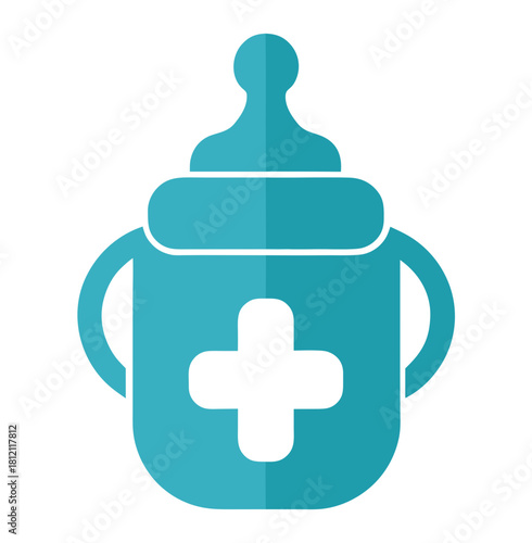 Teal baby bottle with handles and a white cross symbol isolated on white background isolated on transparent background silhouette