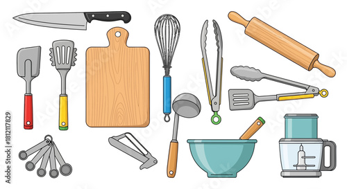 Collection of kitchen utensils and tools for cooking and baking, including a knife, spatula, whisk, tongs, rolling pin, and cutting board