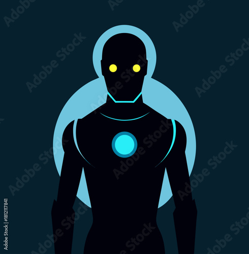 Futuristic humanoid robot with glowing yellow eyes and blue chest emblem silhouette isolated on white background isolated on transparent background