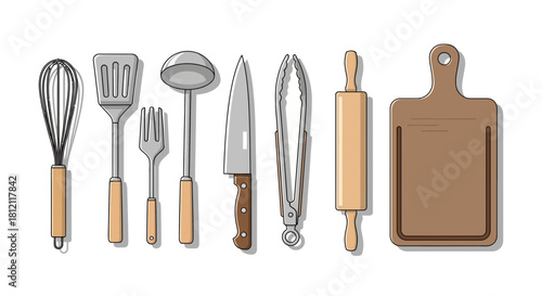 Set of kitchen utensils and tools for cooking and food preparation