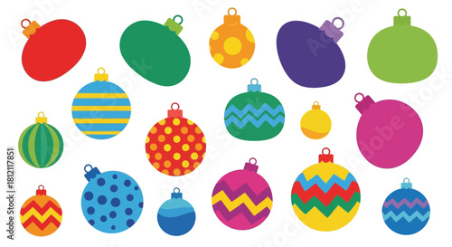 Colorful collection of various patterned christmas ornaments displayed on a white background