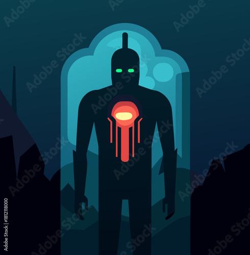 Mysterious giant silhouette with glowing core and green eyes in a dark landscape isolated on white background isolated on transparent background