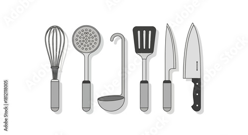 Kitchen Utensils Vector Illustration Whisk, Ladle, Spatula & Knives