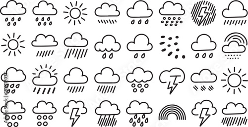 Collection of simple hand drawn weather icons cloud