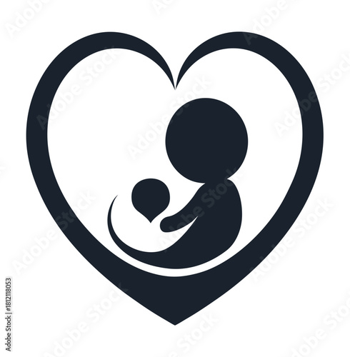 Stylized silhouette of mother holding baby inside heart shape isolated on white background isolated on transparent background