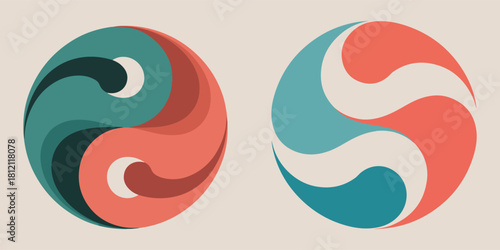 Abstract Swirling Circular Designs in Teal Coral and Beige