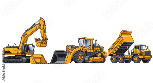 Vector Illustration of Construction Vehicles Excavator, Loader, and Dump Truck