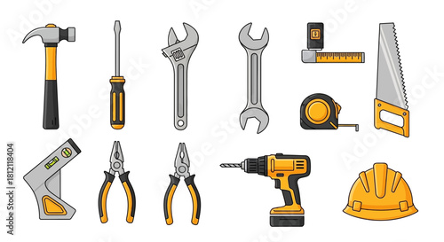 A comprehensive set of cartoon vector illustrations featuring essential construction and repair tools for DIY home improvement projects