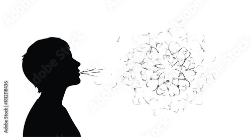 Silhouette of a person exhaling a cloud of abstract particles, representing thoughts or creativity.