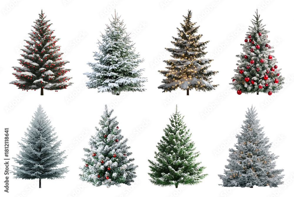 Fototapeta premium PNG Festive snowy Christmas trees variety, element set on transparent background