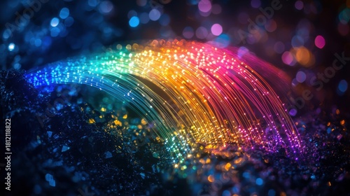 Light fiber paths curved optic threads arcing through space with vibrant rainbow colors blue cyan yellow magenta purple illuminated strands