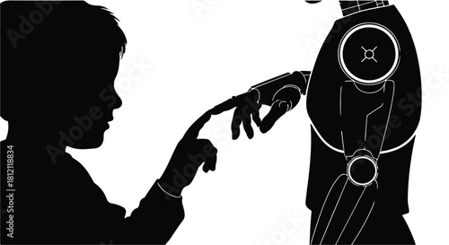 Child's silhouette curiously touches a robot's hand, symbolizing future connections and technology.