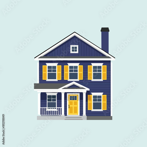 Blue Two Story House With Yellow Shutters.
