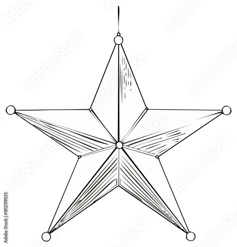 Stylized star ornament with geometric line design and bead accents for seasonal celebrations or crafts, black and white outline
