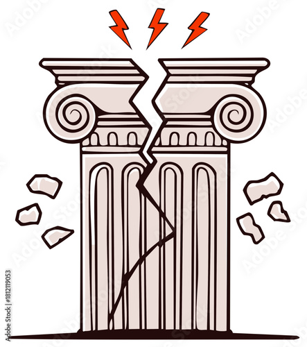 Broken classical column with lightning bolts symbolizing crisis, failure, and collapse