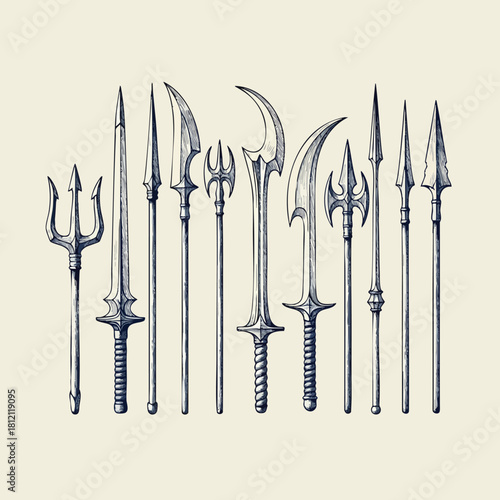 Collection of Medieval Polearms and Spears Illustration.