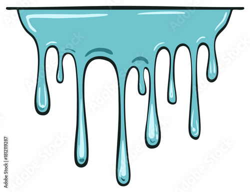 Cartoon blue liquid dripping with rounded drops, drawing, melting or flowing down, liquid concept