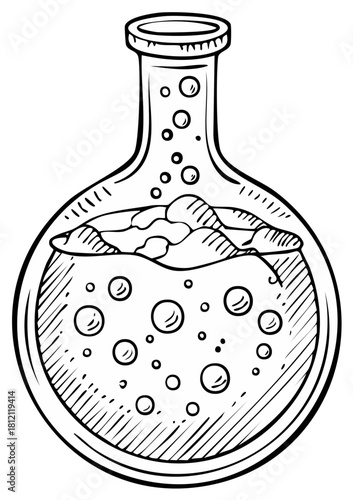 Hand drawn scientific laboratory flask with bubbly liquid and swirling mixture inside