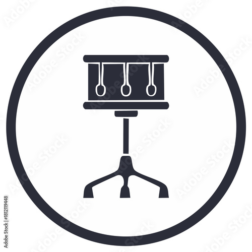 Drum set illustration within a black circle, musical percussion instrument