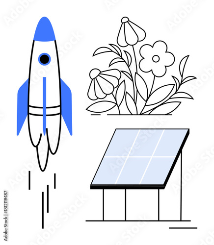 Rocket launching into the sky alongside thriving flowers and a solar panel. Ideal for sustainability, innovation, green energy, growth, clean technology, eco-friendliness, renewable energy. Clean