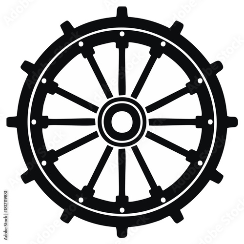 Antique spoked wagon wheel or industrial gear cog black vector silhouette icon