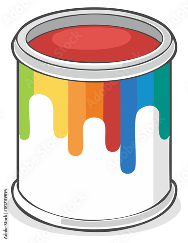 A colorful cartoon paint can with red paint and rainbow colored drips spilling down the side