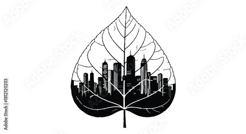 Urban skyline silhouette within a stylized leaf outline, symbolizing nature and city integration.