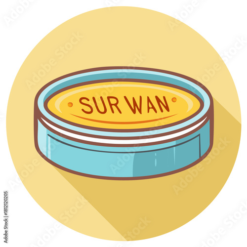 Cartoon petri dish with the word Sur Wan inside a yellow circle