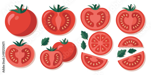 Red tomato set organic cartoon tomatoes with seeds isolated vector design