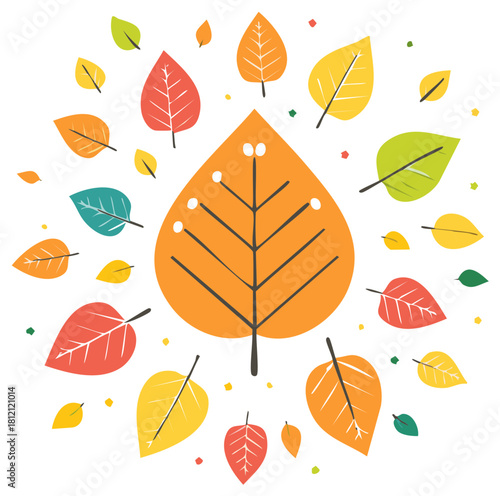 A vibrant collection of stylized autumn leaves in various colors and sizes falling