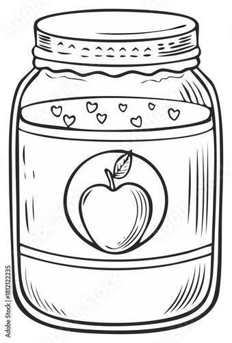 Outline illustration of an apple preserve jar filled with hearts for design element and decor