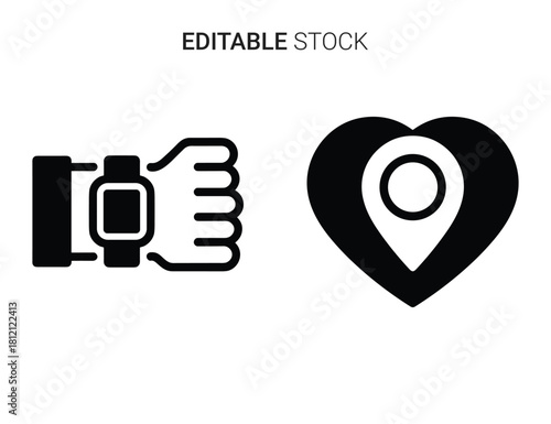 Smartwatch on wrist and heart location pin icon set for health tracking app ui