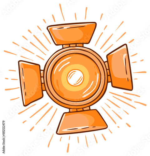 Retro cinematic spotlight with radiating light beams, hand-drawn illustration