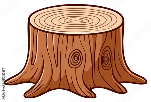 A stylized cartoon illustration of a cut tree stump with detailed wood grain rings