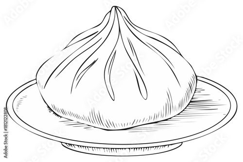 Hand drawn outline illustration of a traditional pleated dumpling on a serving plate