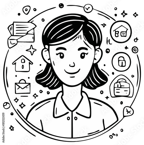 Line art concept of a woman managing work life balance with doodle icons for home, business, and security